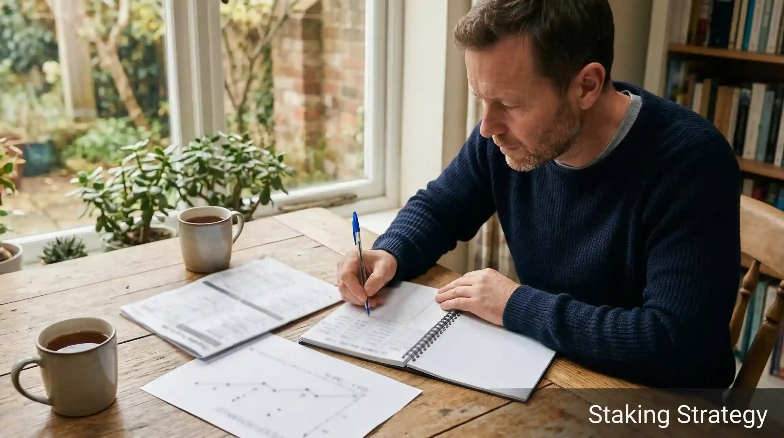 Punter writing a staking plan in a notebook beside a printed horse racing form guide, managing their betting bankroll