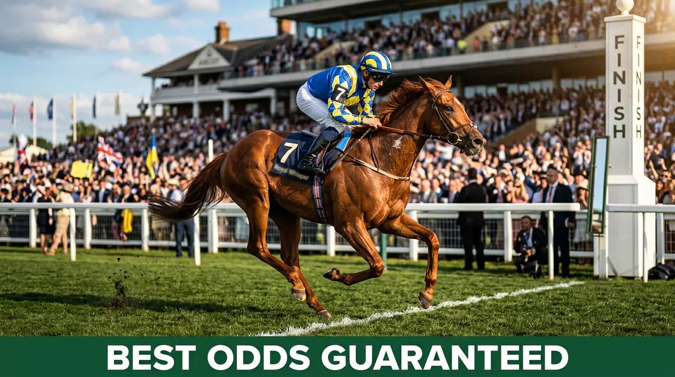 Racehorse crossing the finish line at a UK flat racing track under bright sunlight