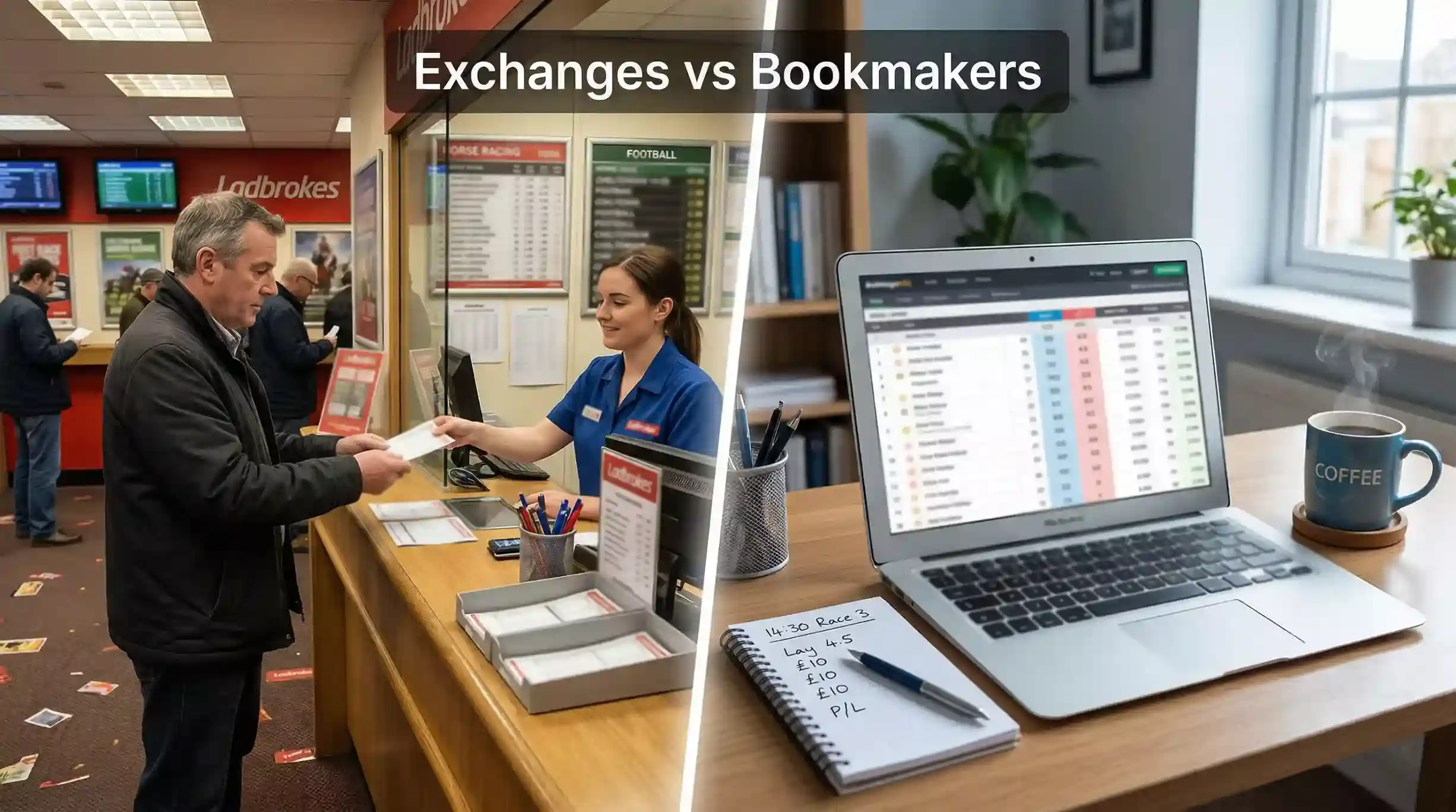 Split scene showing a traditional UK betting shop counter alongside a laptop displaying a betting exchange market for horse racing