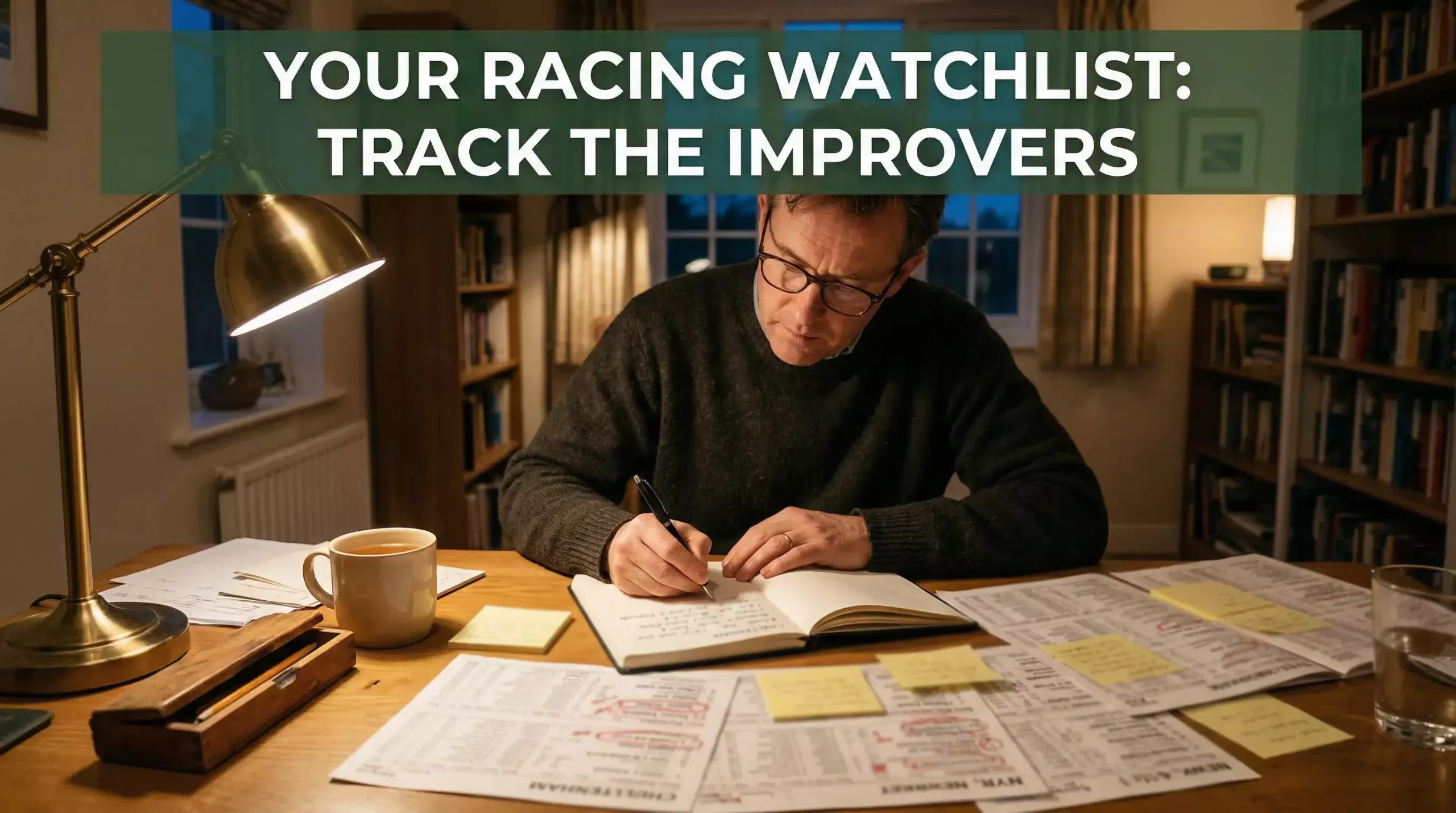 Punter building a horse racing watchlist with notes and racecards