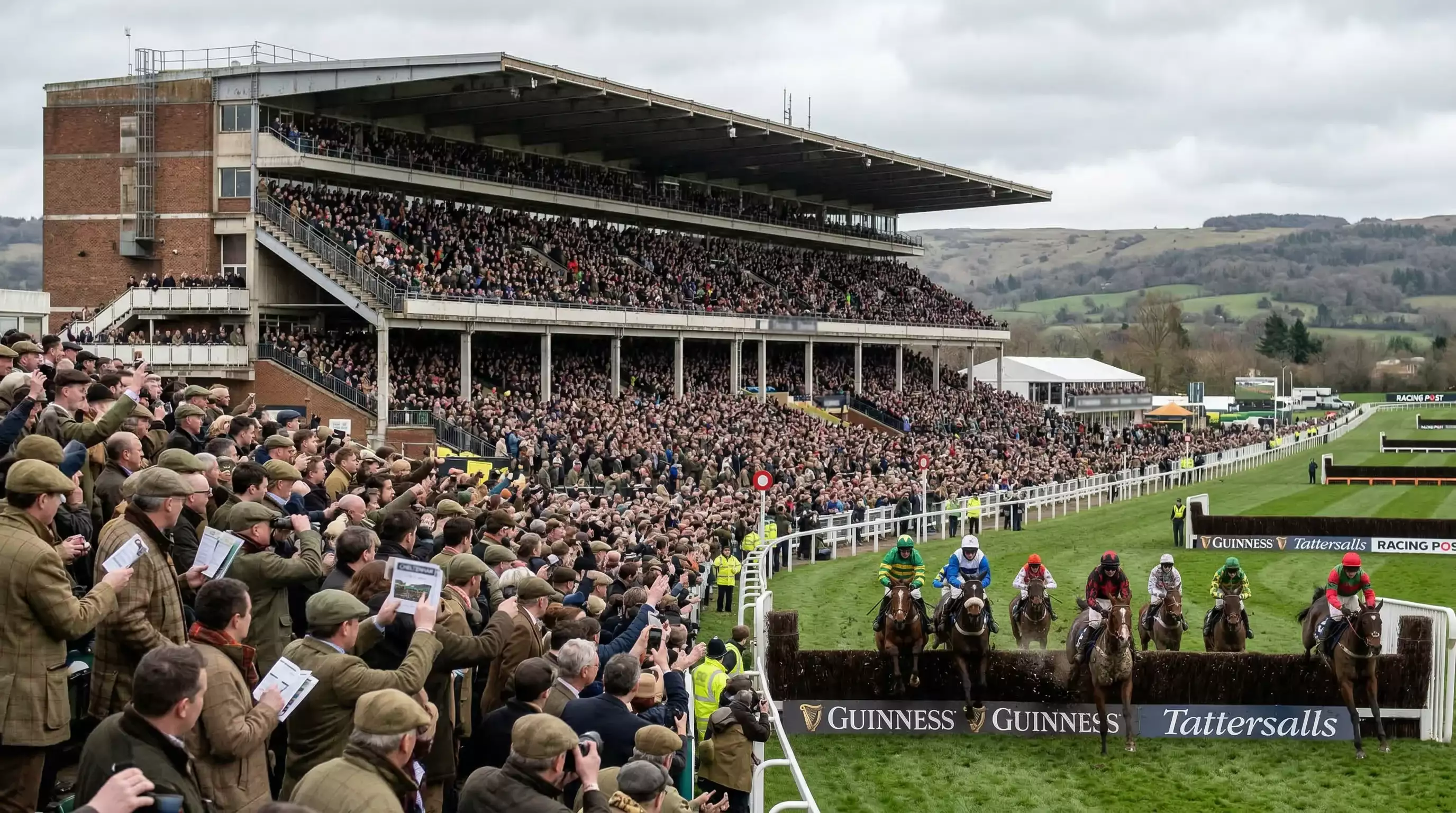 Packed grandstand at Cheltenham Festival with spectators watching National Hunt racing