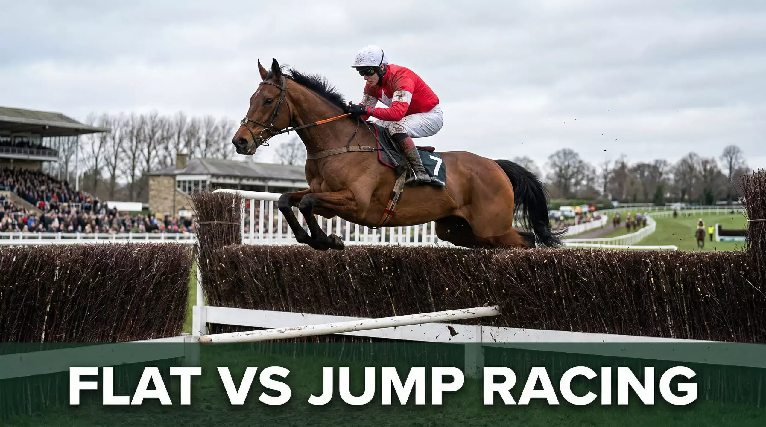 Racehorse and jockey clearing a birch fence at a British National Hunt racecourse