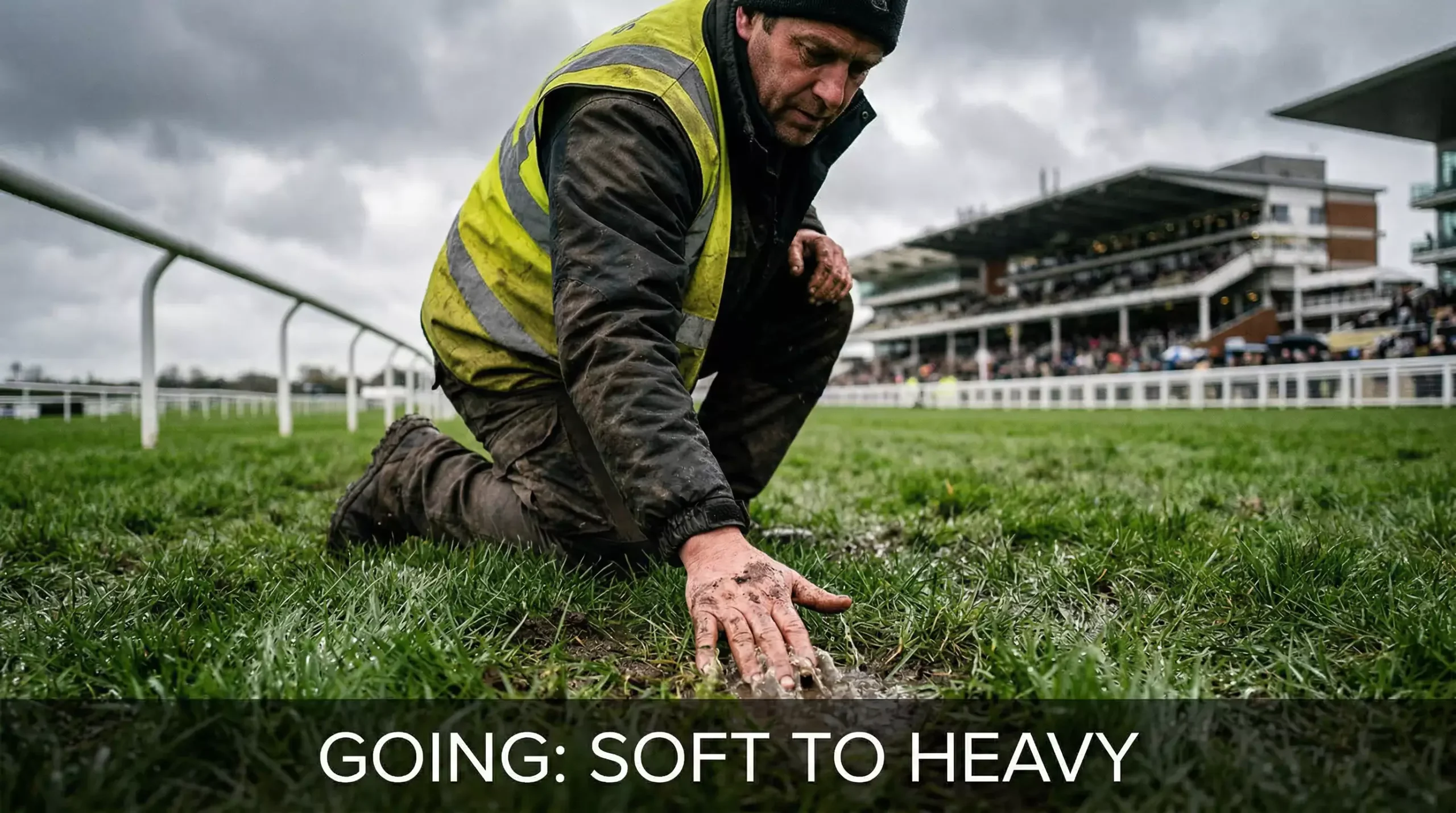 Groundsman inspecting the turf surface at a British racecourse after overnight rain