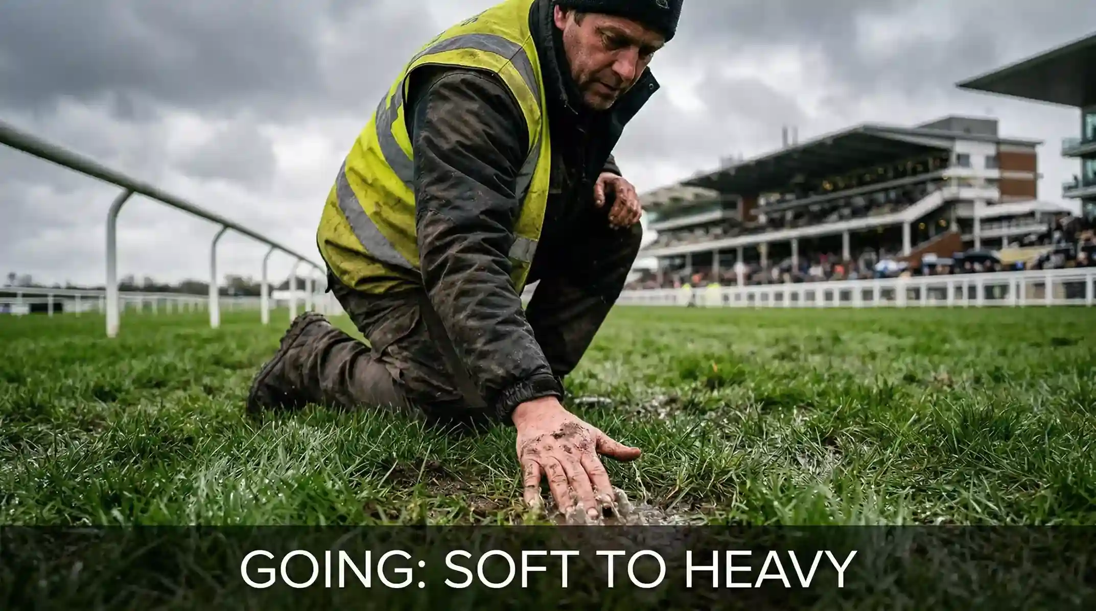 Groundsman inspecting the turf surface at a British racecourse after overnight rain