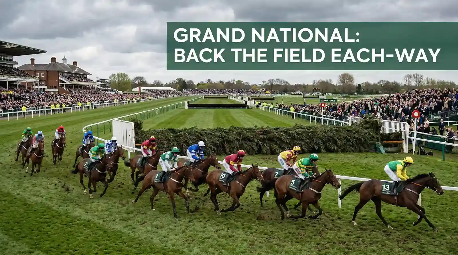 Grand National steeplechase field jumping at Aintree racecourse