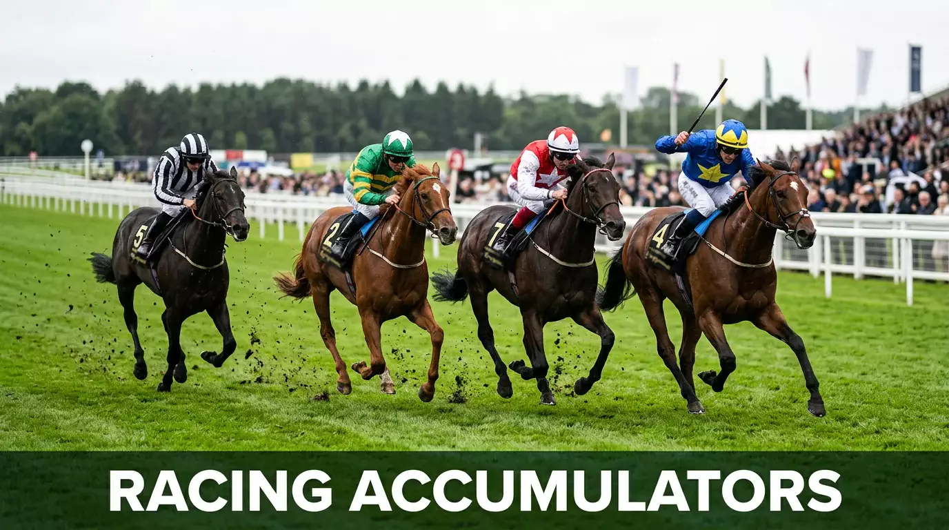 Four racehorses galloping neck-and-neck on a UK turf track, representing multiple accumulator selections