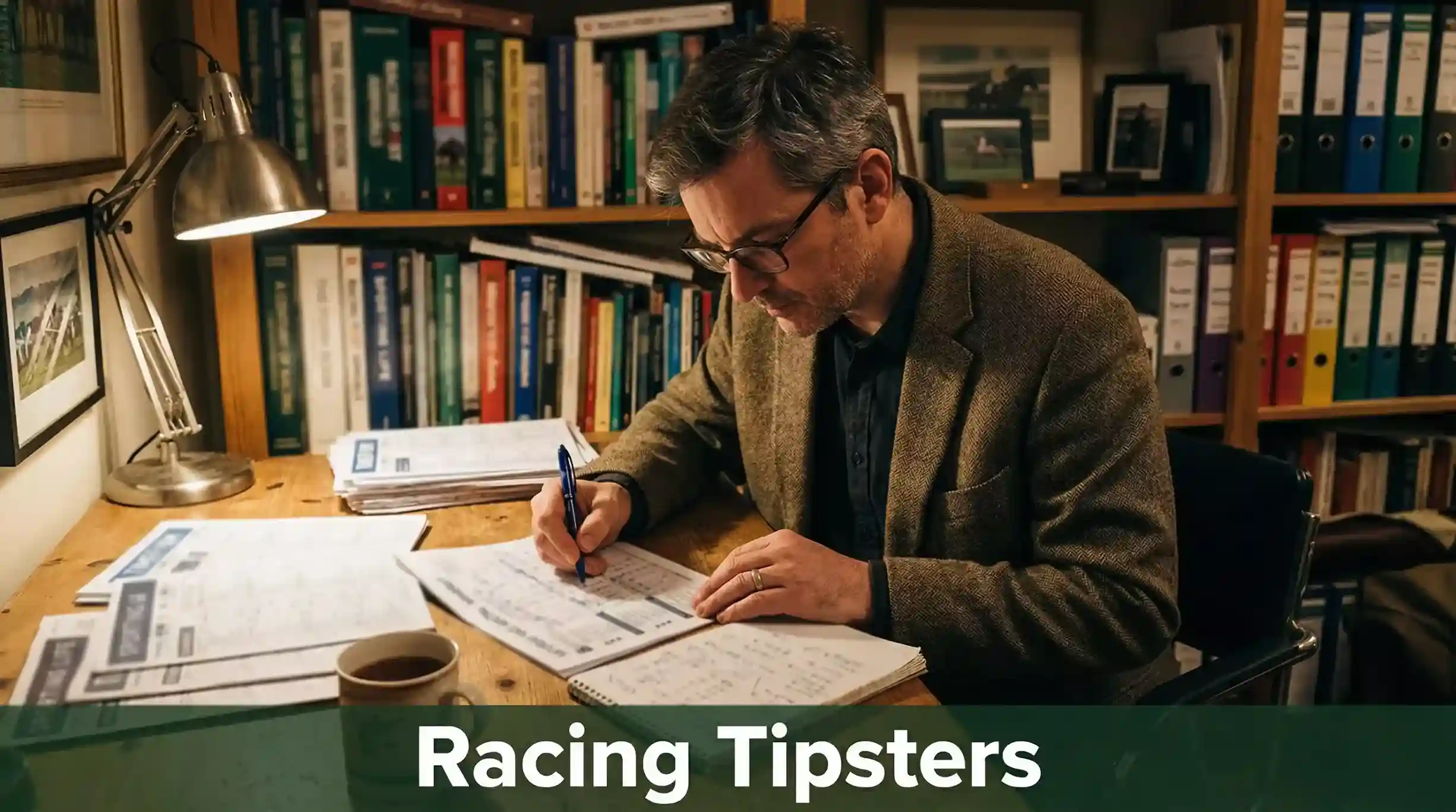 Racing analyst studying form sheets and race results at a desk covered in printed racecards