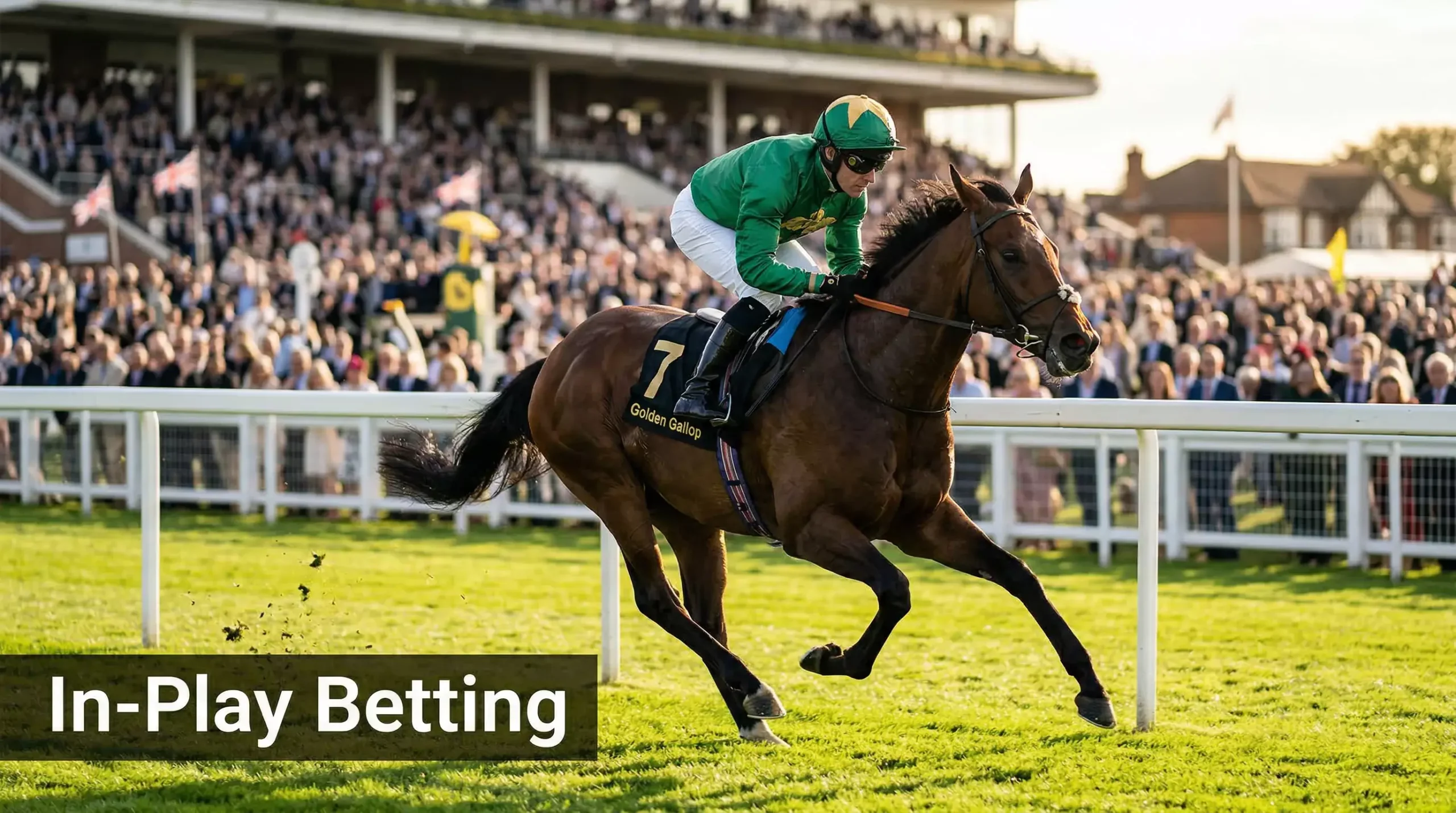 Jockey and horse racing at full gallop during an in-play betting event at a UK racecourse