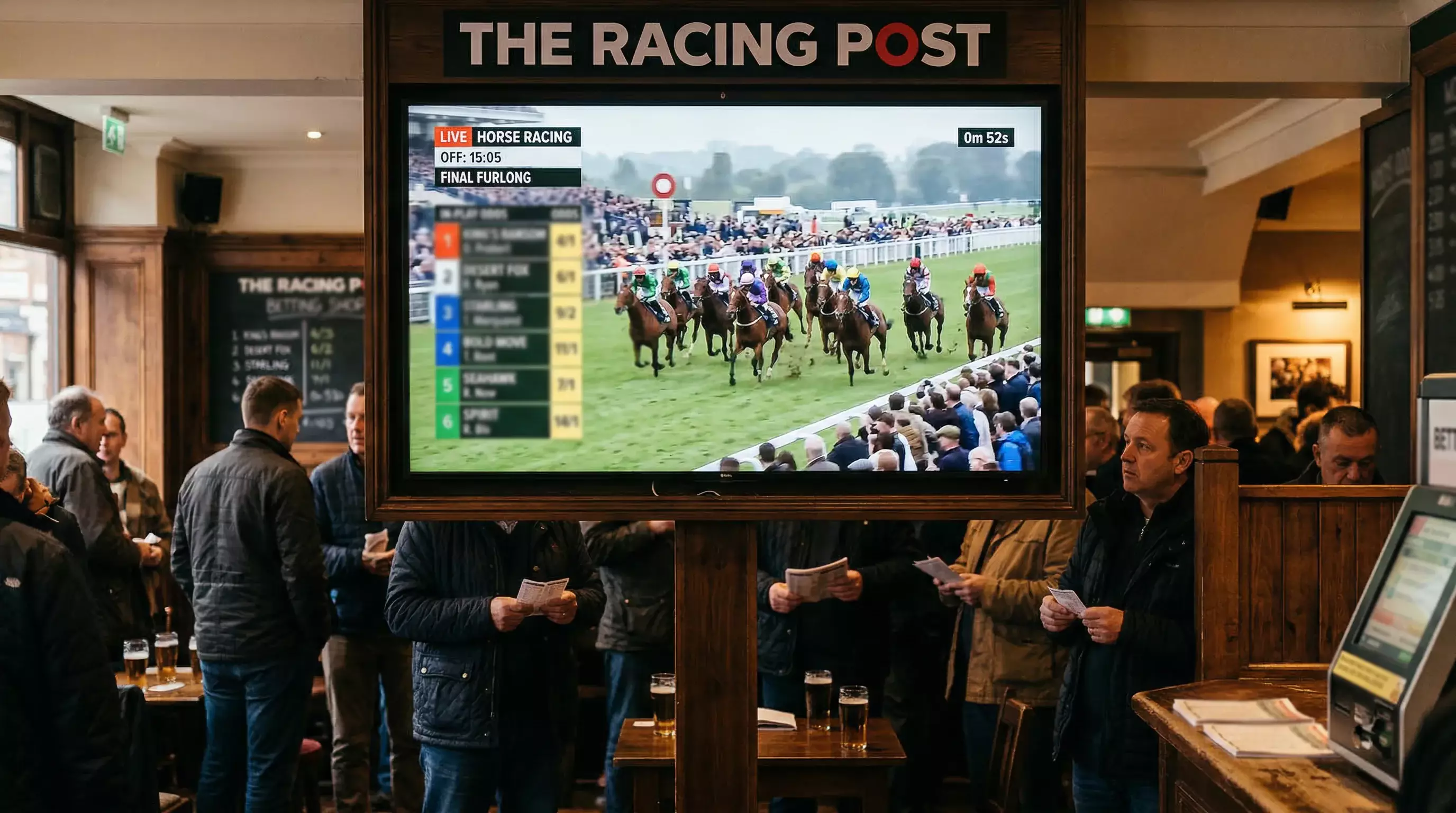 Live racing broadcast showing horses approaching the finish with odds displayed