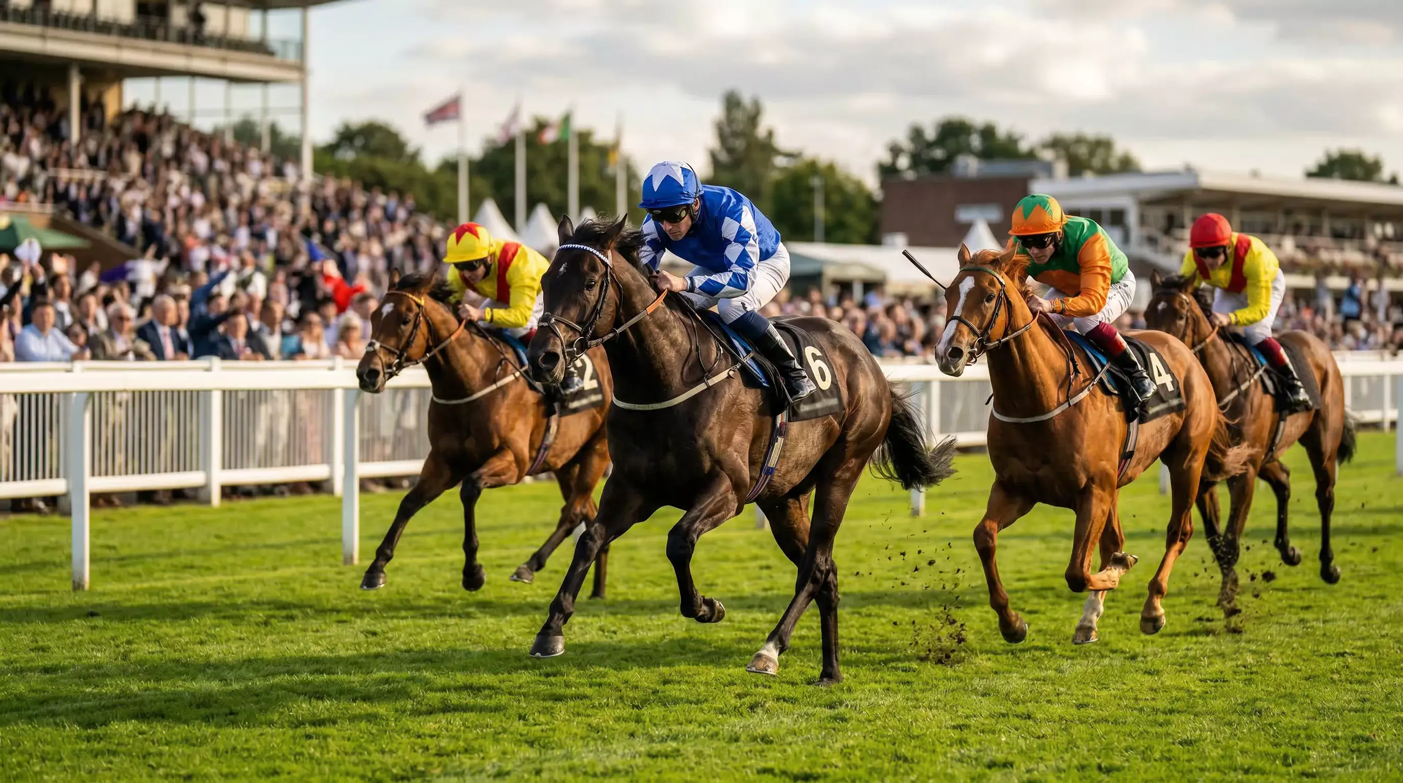 Horses racing on a British turf racecourse during a competitive flat race