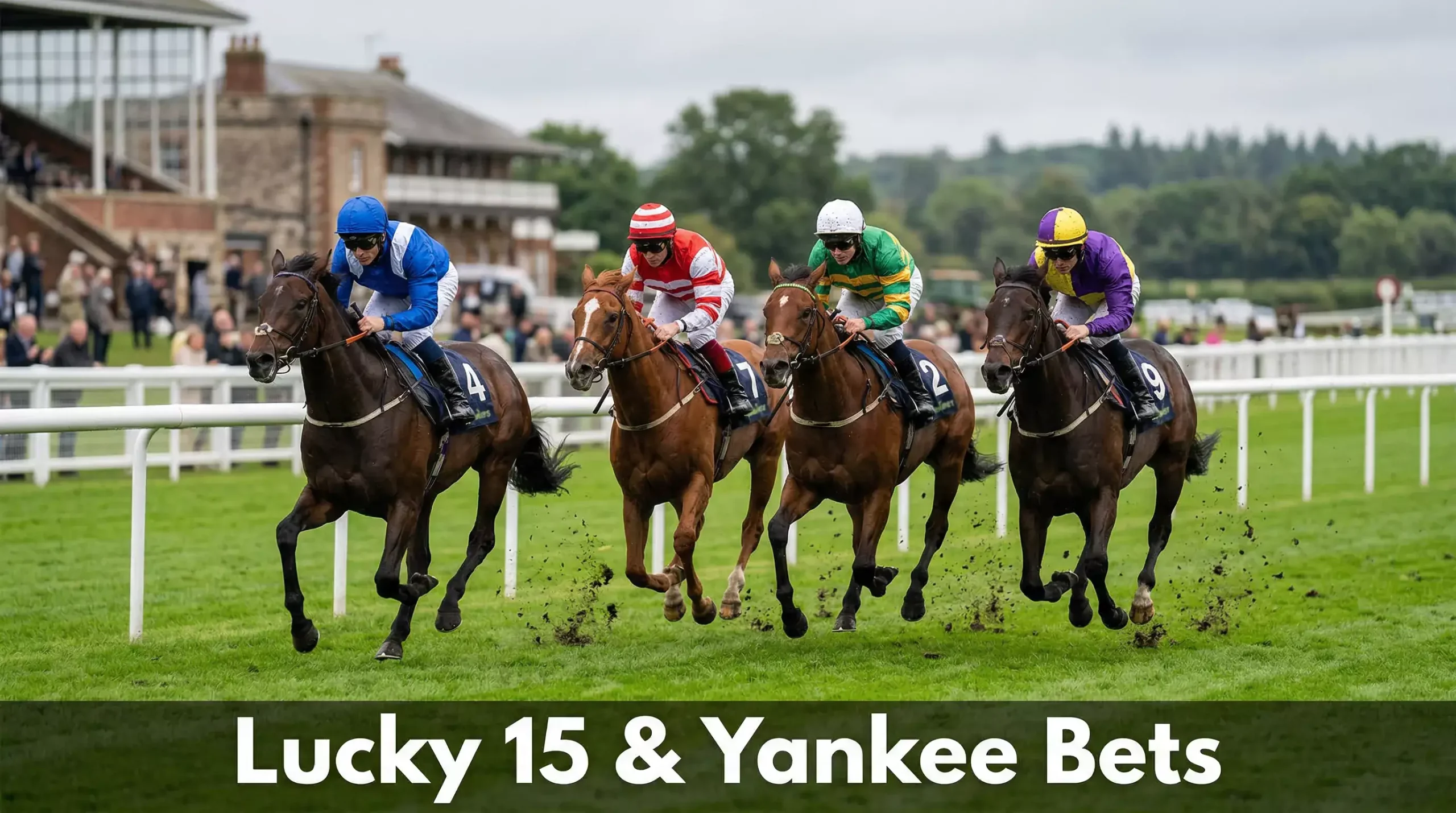 Four racehorses mid-race on a British turf track, each representing a Lucky 15 selection