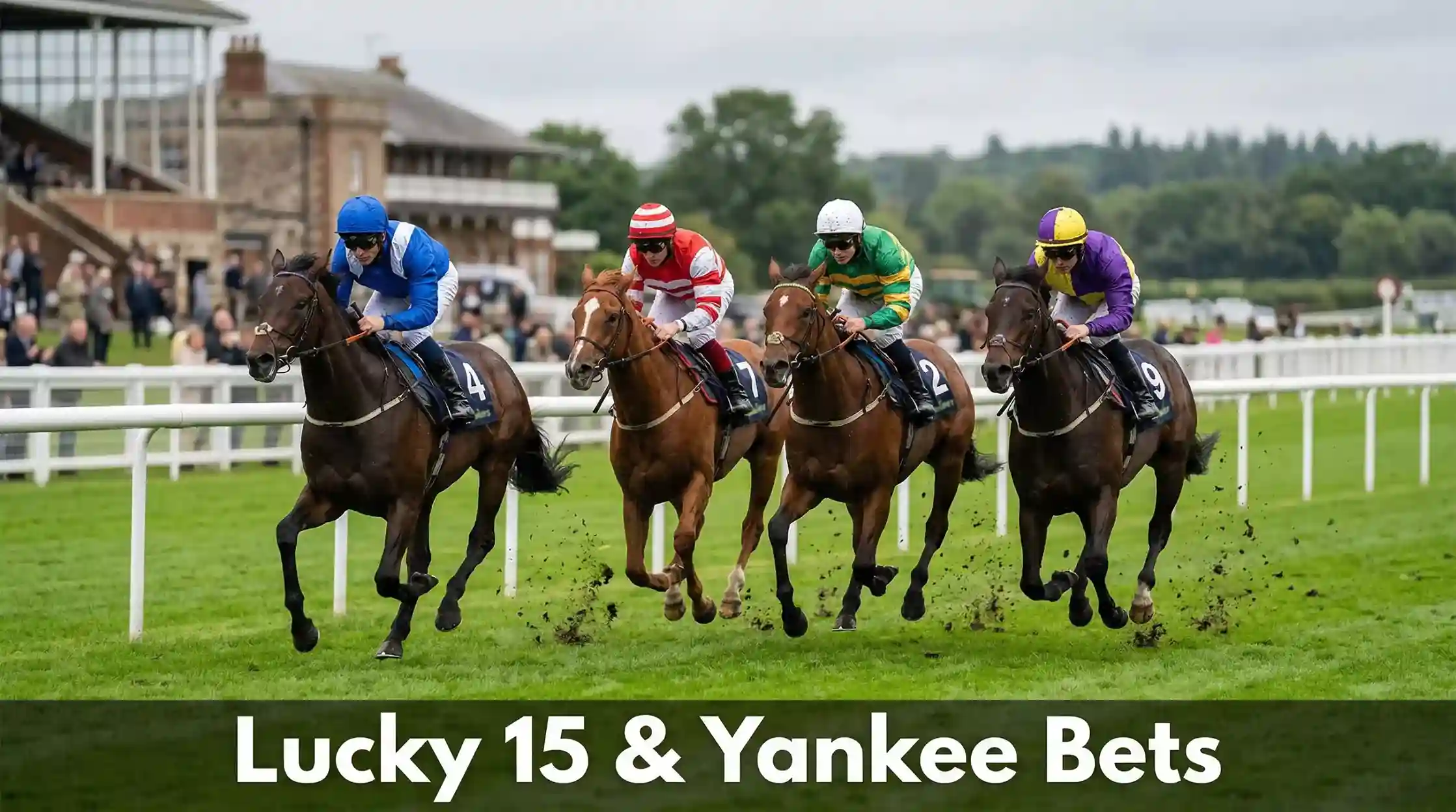 Four racehorses mid-race on a British turf track, each representing a Lucky 15 selection