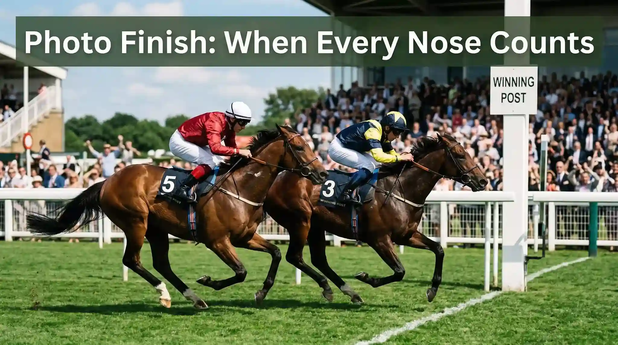 Two thoroughbreds locked in a photo finish at the winning post