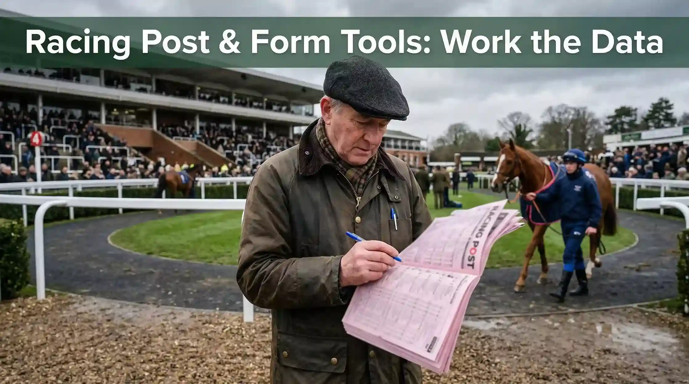 Punter reading Racing Post form guide at a racecourse