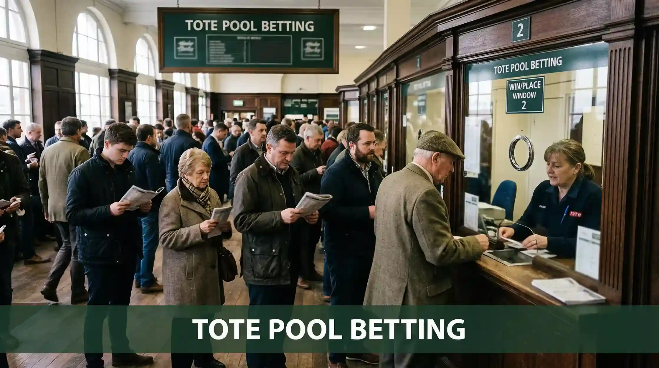 Racecourse punters queuing at a Tote window inside a British racecourse betting hall