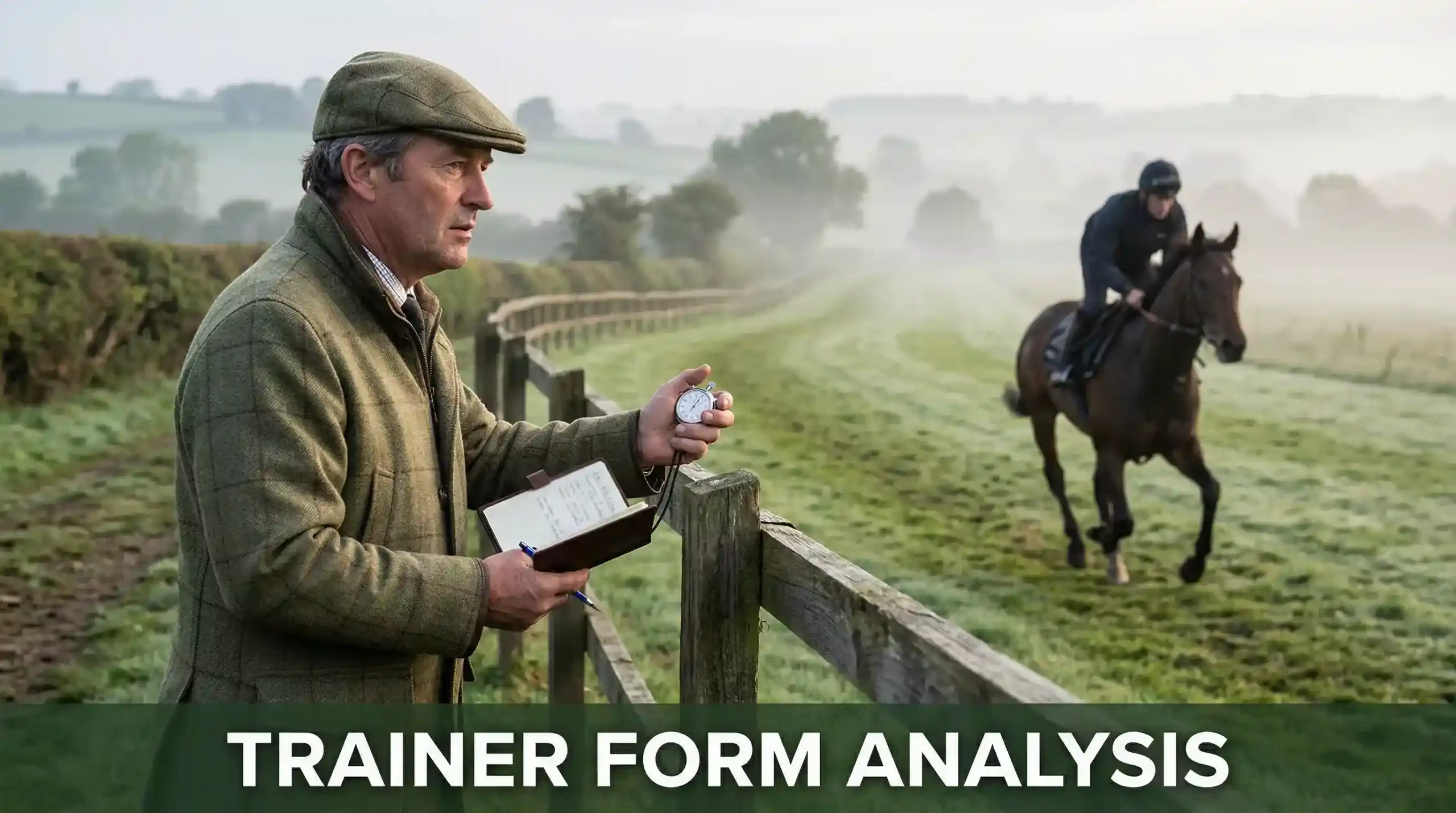 Horse trainer observing a morning gallop from the rails at a British training yard