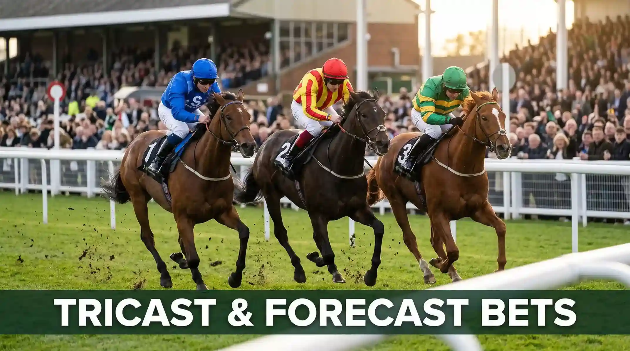 Three racehorses fighting for position approaching the finish line at a UK racecourse