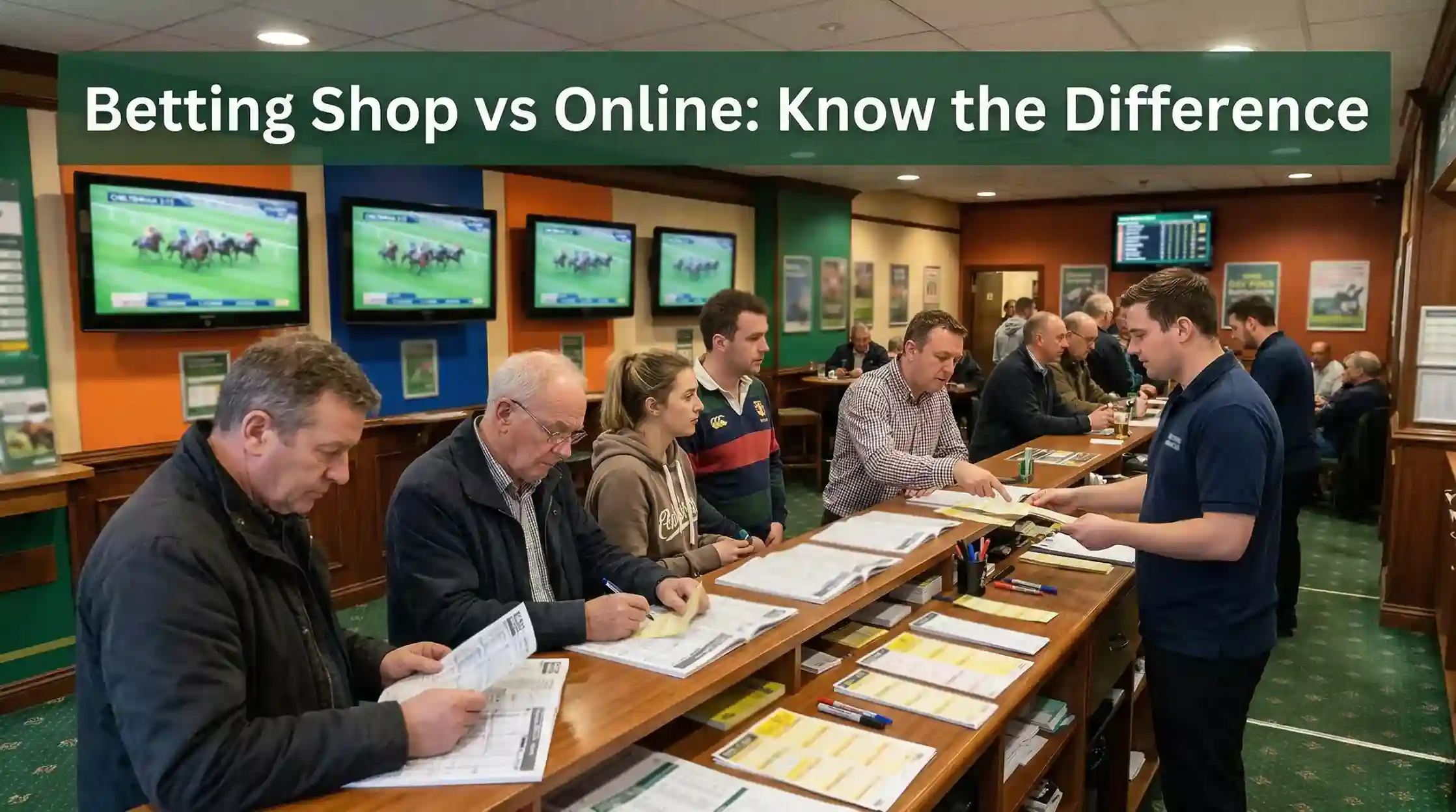 UK high street betting shop interior with live horse racing