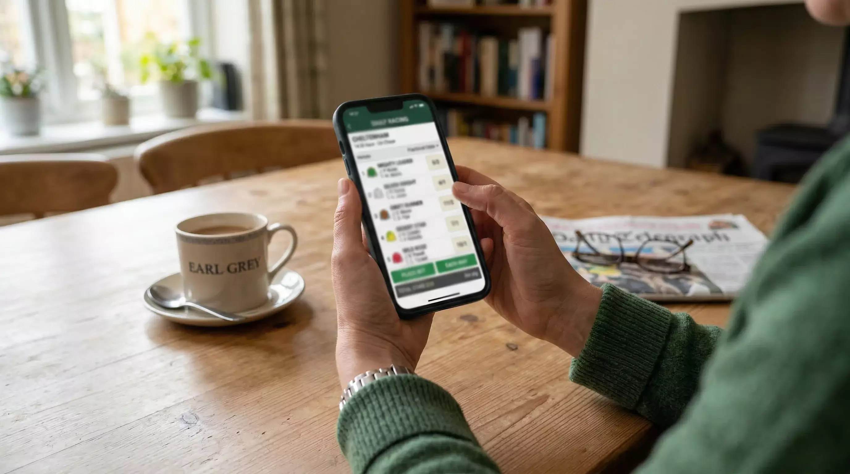 Person using a mobile betting app to place a horse racing wager