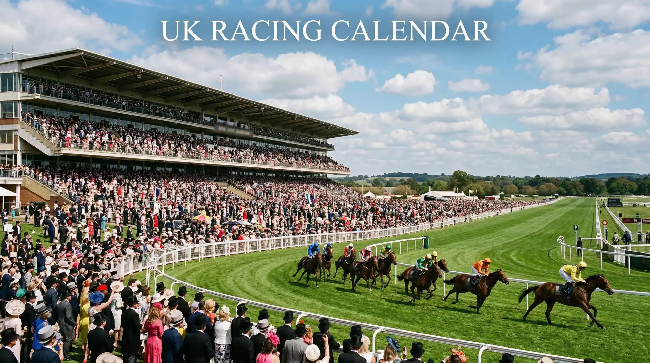 Panoramic view of a packed UK racecourse grandstand during a major festival, with horses parading on the turf under bright skies