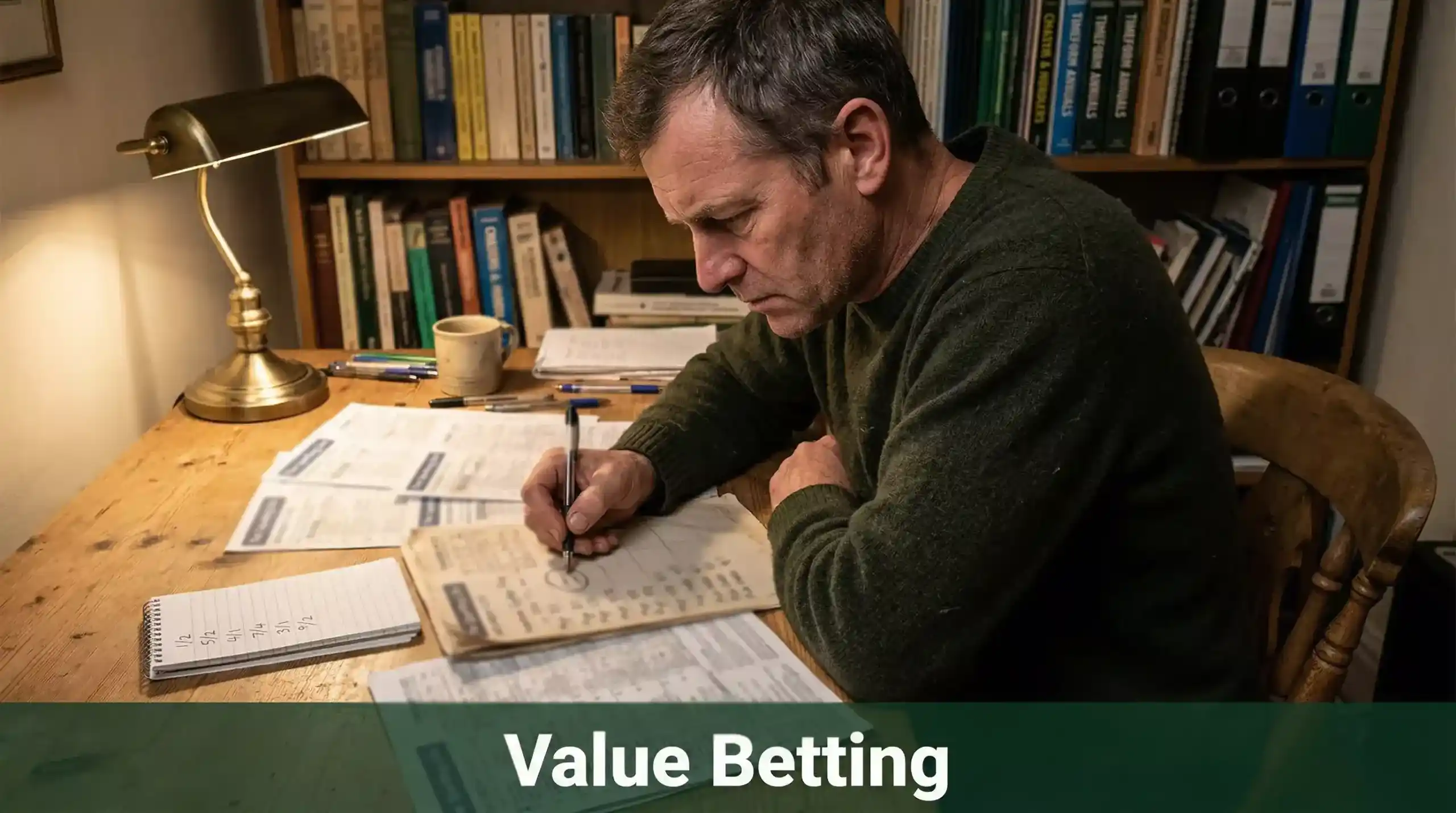Punter comparing printed racecards and annotated form notes to identify value in the horse racing market